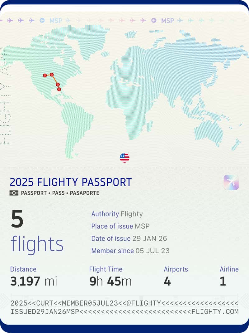 Screenshot from iOS app, Flighty, showing a map and summary of 5 flights taken this year.